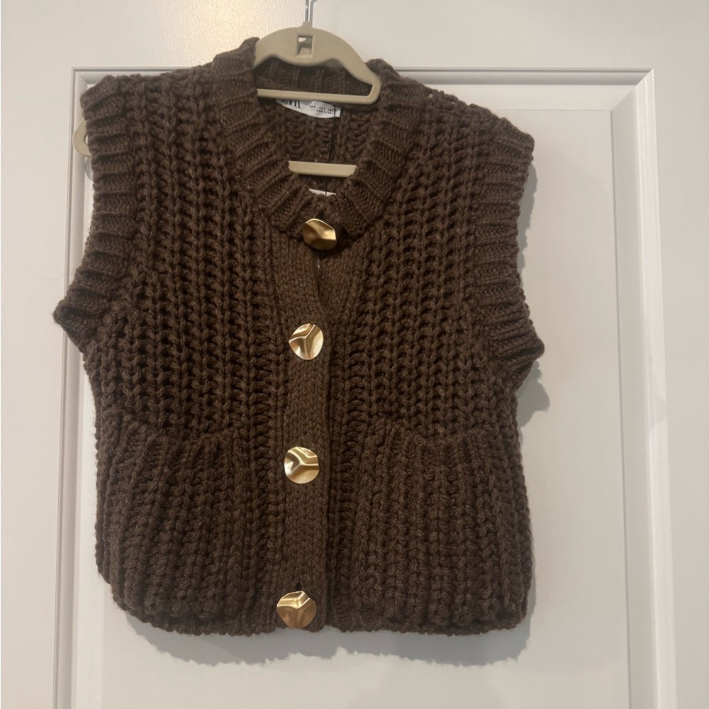 Zara Brown Knit Sweater Vest with Gold Buttons